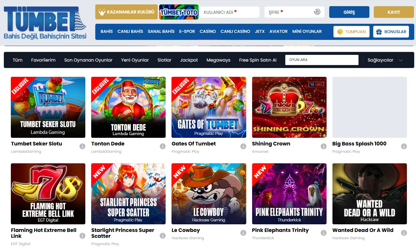 Tümbet casino oyun lobisi ekran görüntüsü